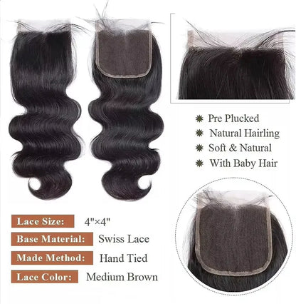 100% Human Hair Body Wave Bundles Human Hair With Closure Brazilian Natural Black 3/4 Bundle Virgin Hair Raw Hair Extensions