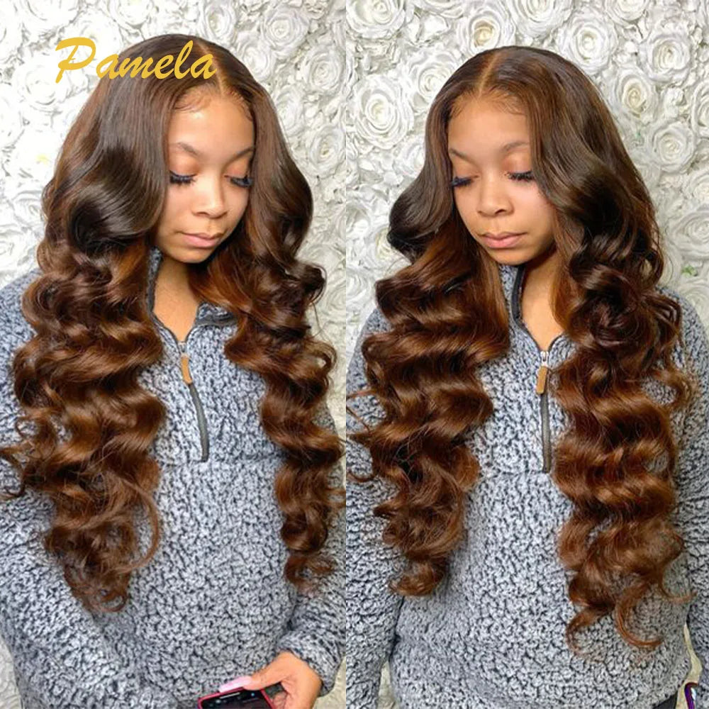 Ombre 1B/4 Brown Colored 250% High Density Loose Wave Lace Front Wig 13x4 HD Transparent Lace Frontal Human Hair Wig For Women