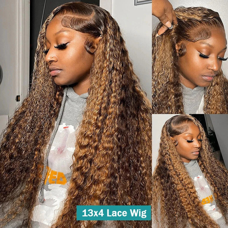 Highlight Ombre 13x4 13x6 Lace Front Wig Curly Human Hair Wigs Honey Blonde Colored Water Deep Wave Frontal Wigs For Women