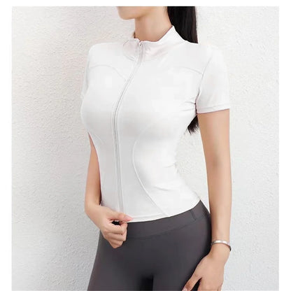 Casual Slim Sports Coat For Women Short Sleeve Solid Zipper Tops