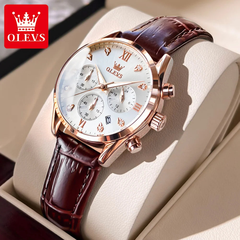 OLEVS Quartz Women's Watch Multifunctional Chronograph Waterproof Luminous Leather Strap Waterproof Luxury Elegant Ladies Watch