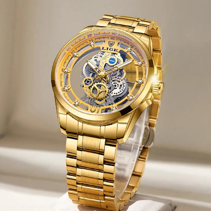 2025 LIGE Men Watch Skeleton Automatic Quartz Watch Gold Skeleton Vintage Man Watch Mens Watches Top Brand Luxury часы мужские
