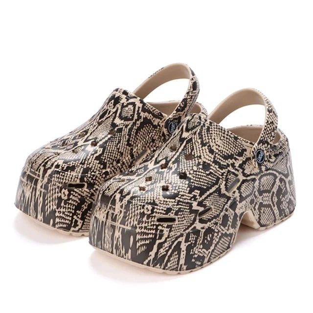 Leopard Chunky Platform Clogs Women 2025 Autumn Summer Comfort Thick Bottom Non Slip Outdoor Slippers Height-Increasing Shoes