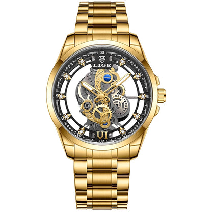 2025 LIGE Men Watch Skeleton Automatic Quartz Watch Gold Skeleton Vintage Man Watch Mens Watches Top Brand Luxury часы мужские