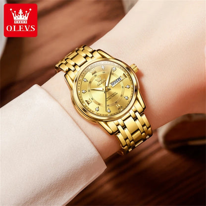OLEVS Women's Watches Fashion Gold Original  Stainless Steel Waterproof Luminous Wrist Watch Date Classic Elegant Ladies Watch