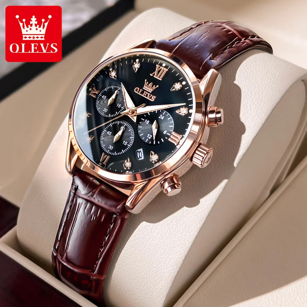 OLEVS Quartz Women's Watch Multifunctional Chronograph Waterproof Luminous Leather Strap Waterproof Luxury Elegant Ladies Watch