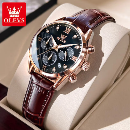OLEVS Quartz Women's Watch Multifunctional Chronograph Waterproof Luminous Leather Strap Waterproof Luxury Elegant Ladies Watch