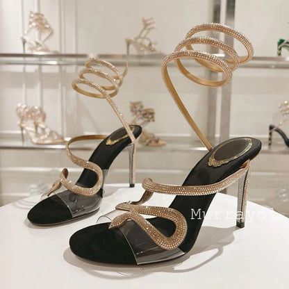 Crystal Decor Snake Shaped Elastic Strap Sandals Women PVC Transparent One Strap Thin Heels Sandalias Summer Dress Shoes Pumps