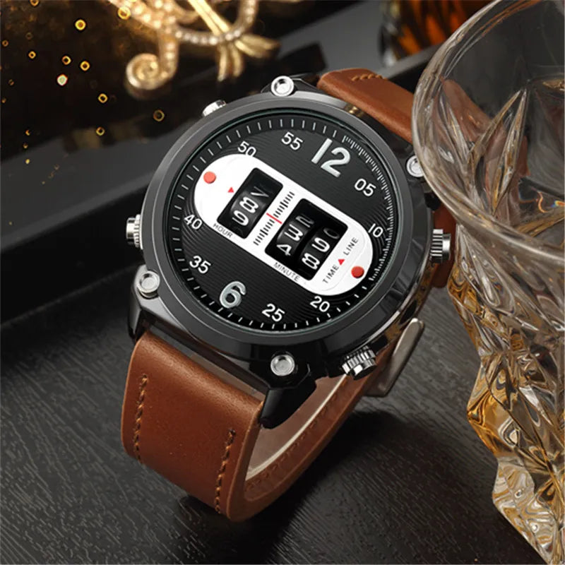 Men Unique Designer Watches Fashion Leather Band Tire Simple Army Sports Vintahe Quartz Watch Black Montres de Marque de Luxe
