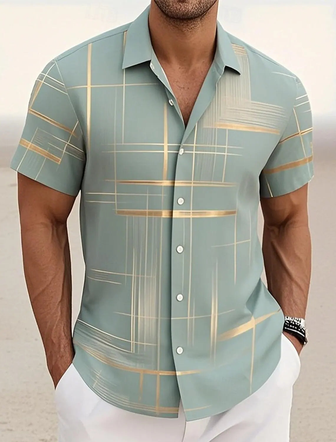 Summer Men's Geometric Grid  Plaid Shirts Short SleeveTurndown Hawaiian Shirt Button Up Shirts No Pockets Shirts