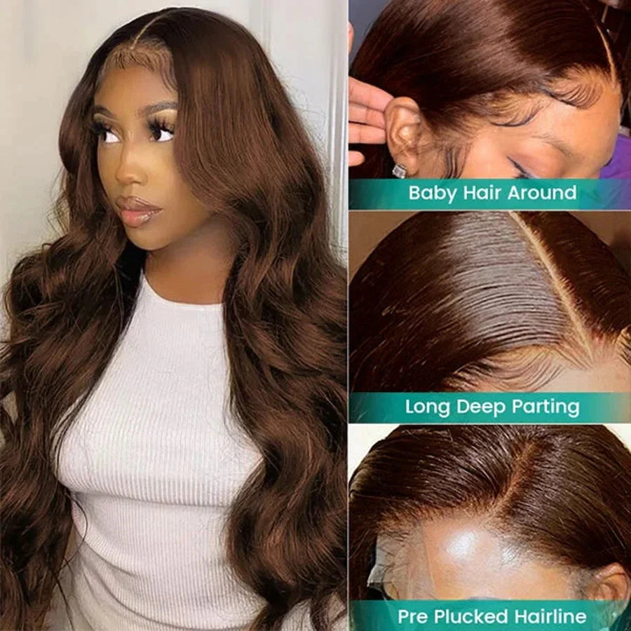 13x4 HD Chocolate Brown Body Wave Human Hair Lace Front Wigs Pre Plucked Brown Colored Transparent Lace Frontal Wigs For Women