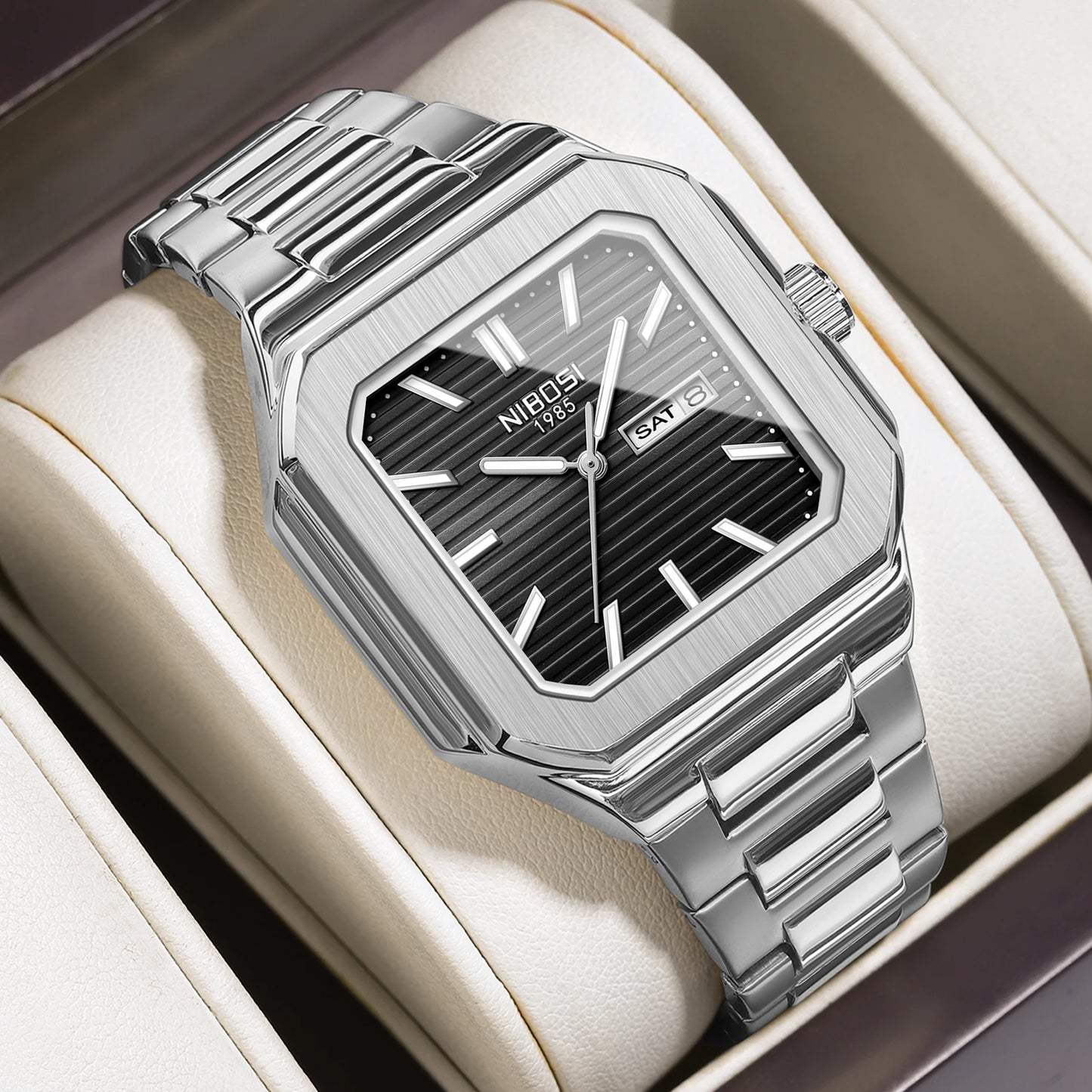 NIBOSI Square Fashion Man Wristwatch Waterproof Luminous Date Week Quartz Men's Watches Stainless Steel Luxury Men Watch Reloj