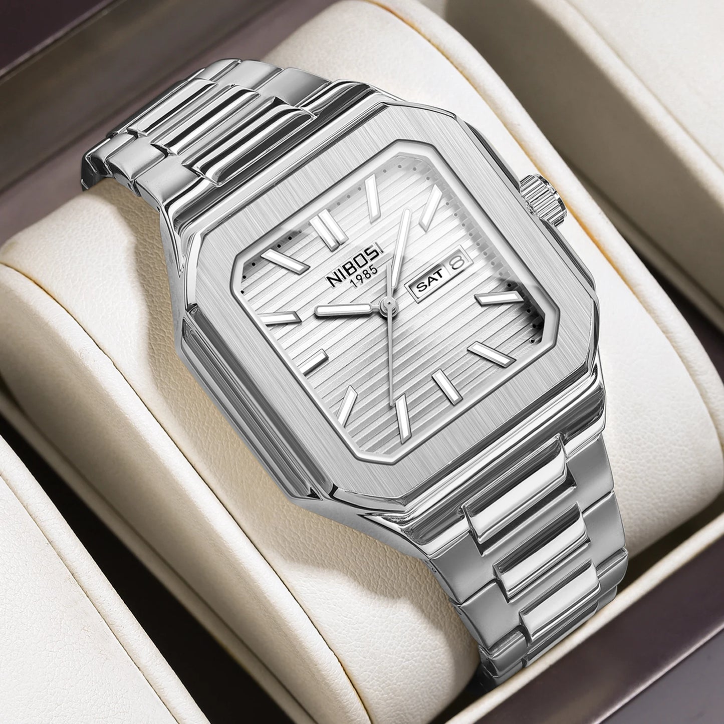 NIBOSI Square Fashion Man Wristwatch Waterproof Luminous Date Week Quartz Men's Watches Stainless Steel Luxury Men Watch Reloj