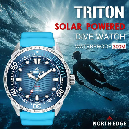 NORTH EDGE NEW+ TRITON Solar-Powered Diving Watch Luxury Quartz Watches For Men 300M Waterproof 180+ Day Power