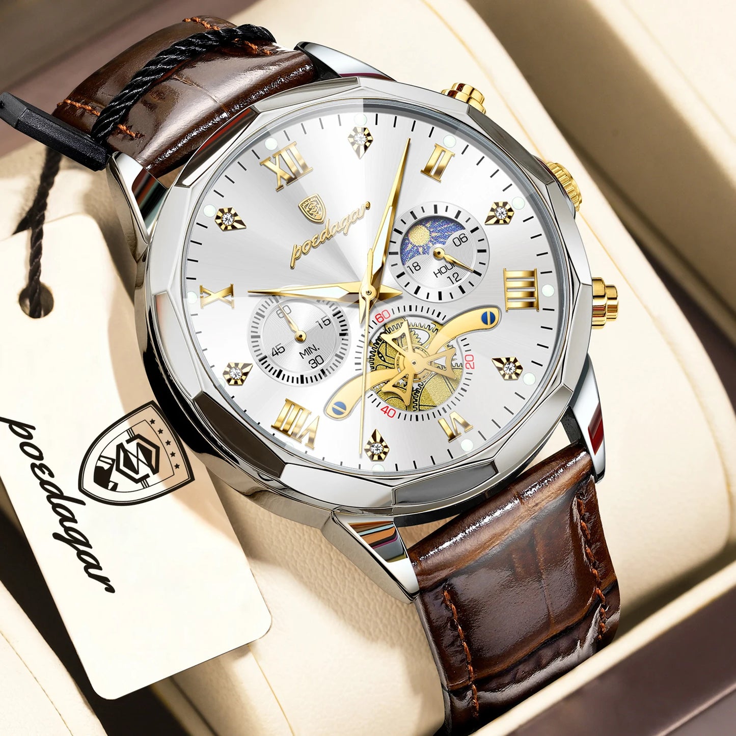 POEDAGAR Luxury Classic Men Clock Waterproof Luminous Chronograph Fashion Man Watch Leather Quartz Casual Business Men's Watches