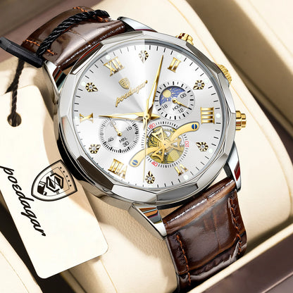 POEDAGAR Luxury Classic Men Clock Waterproof Luminous Chronograph Fashion Man Watch Leather Quartz Casual Business Men's Watches