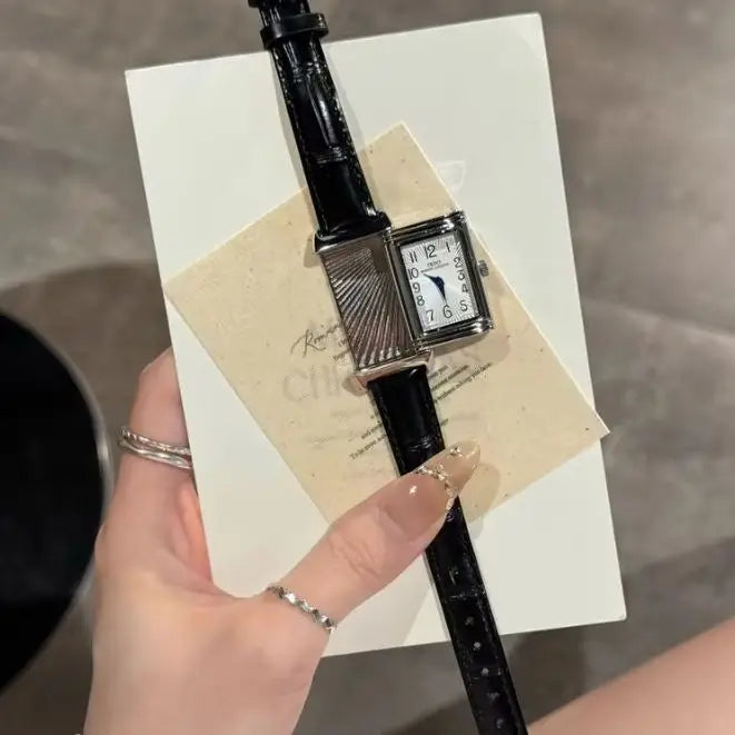 New retro square women's quartz watch with reversible case and leather strap silver watch unique niche watch 21*36mm