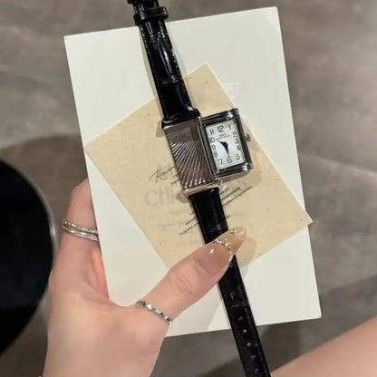 New retro square women's quartz watch with reversible case and leather strap silver watch unique niche watch 21*36mm