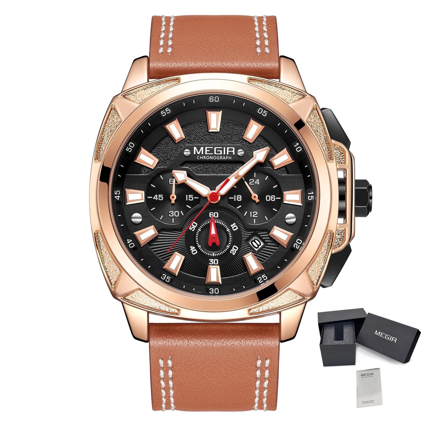 MEGIR Men Sport Watches 46MM Big Dial Chronograph Clock Luxury Quartz Casual Wristwatch Waterproof with Auto Date Relogio +Box
