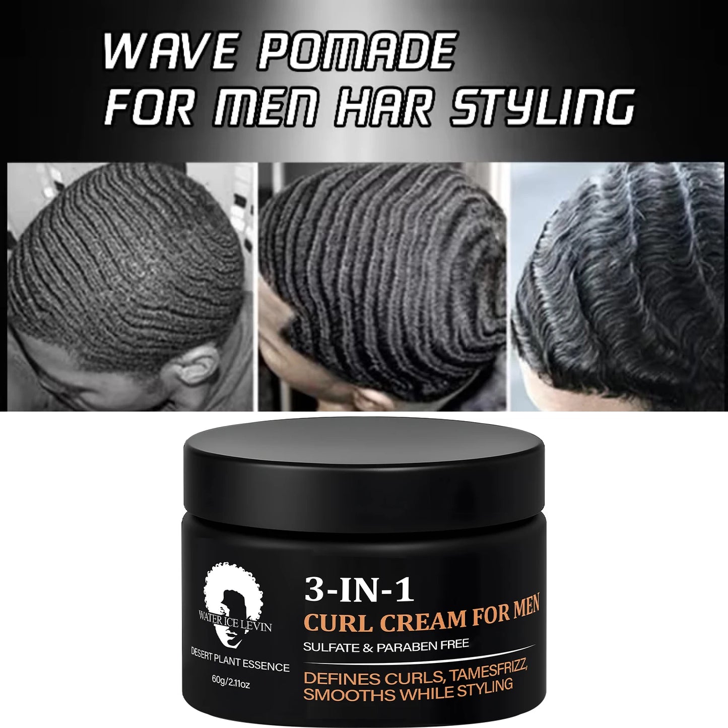 Men's 3-in-1 Curl Cream with Collagen & Coconut Oil - Defines Curls, Tames Frizz, Smooths Styling, Sulfate & Paraben Free 60g