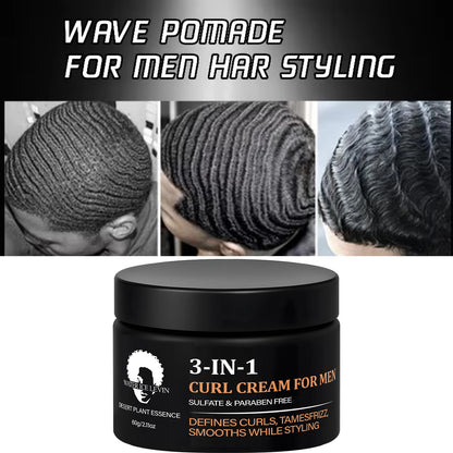 Men's 3-in-1 Curl Cream with Collagen & Coconut Oil - Defines Curls, Tames Frizz, Smooths Styling, Sulfate & Paraben Free 60g