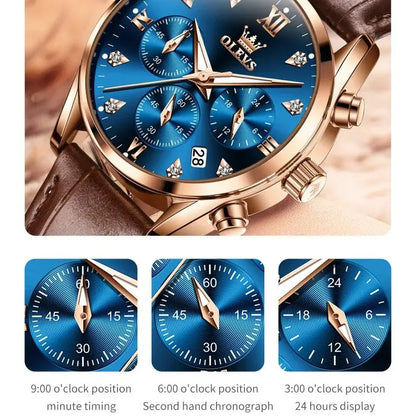 OLEVS Quartz Women's Watch Multifunctional Chronograph Waterproof Luminous Leather Strap Waterproof Luxury Elegant Ladies Watch