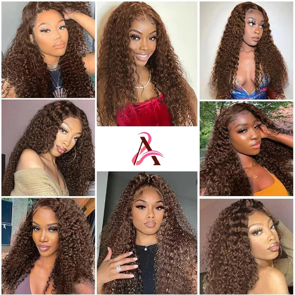 HD 13x4 Deep Curly Wigs Chocolate Brown Lace Front Human Hair Wig Colored 13x6 Water Wave Human Hair Lace Frontal Wig Woman Wigs