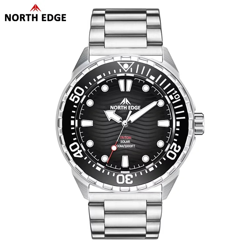 NORTH EDGE NEW+ TRITON Solar-Powered Diving Watch Luxury Quartz Watches For Men 300M Waterproof 180+ Day Power