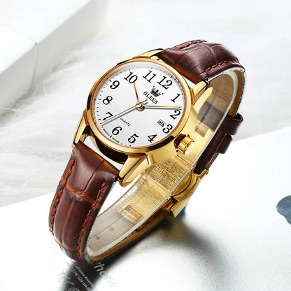 OLEVS Top Brand Quartz Watch For Women 50M Waterproof GMT  Watches Women's Sports Leather Strap Men Wristwtach Ultrathin