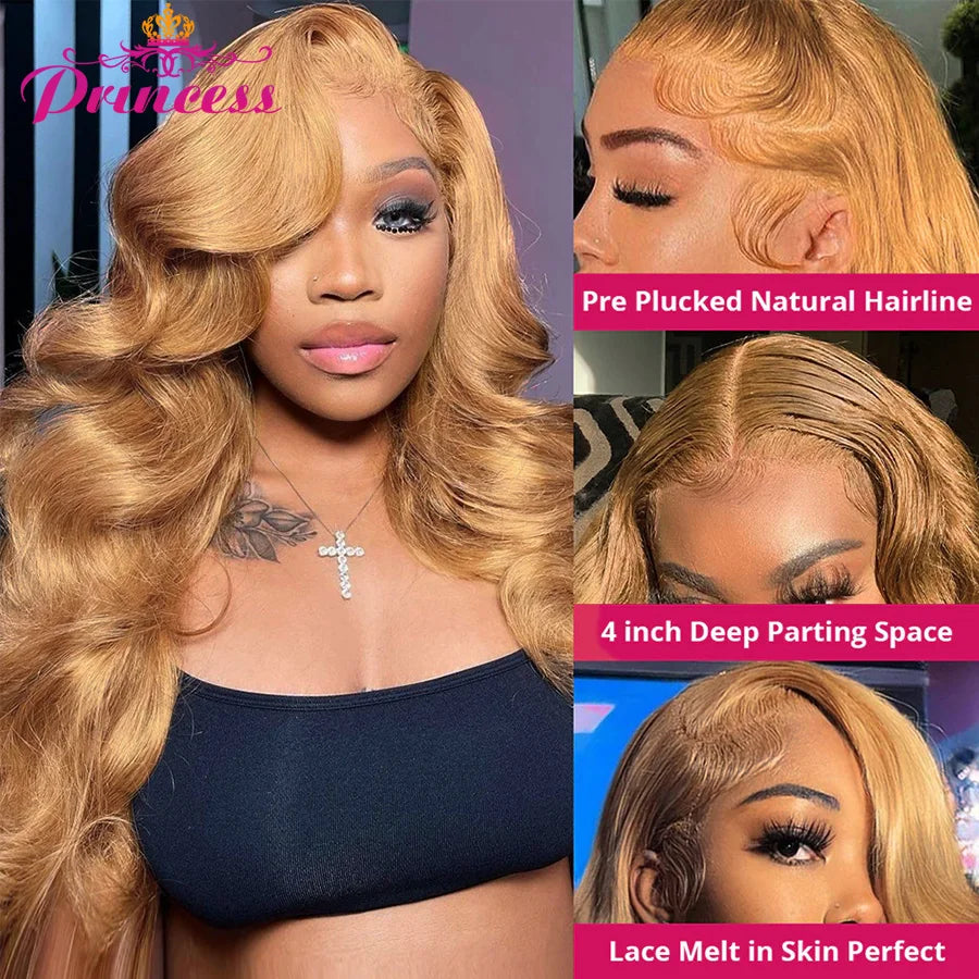 Princess Hair #27 Colored Honey Blonde Pre Plucked HD Transparent Human Hair Wig 13X4 Body Wave Lace Frontal Human Hair Wigs