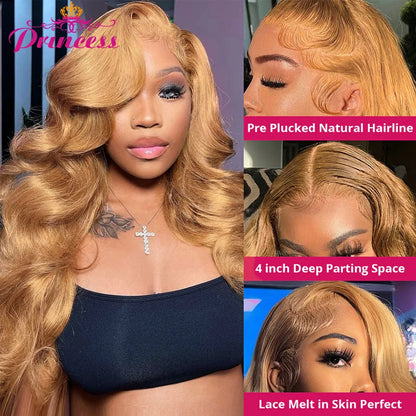 Princess Hair #27 Colored Honey Blonde Pre Plucked HD Transparent Human Hair Wig 13X4 Body Wave Lace Frontal Human Hair Wigs