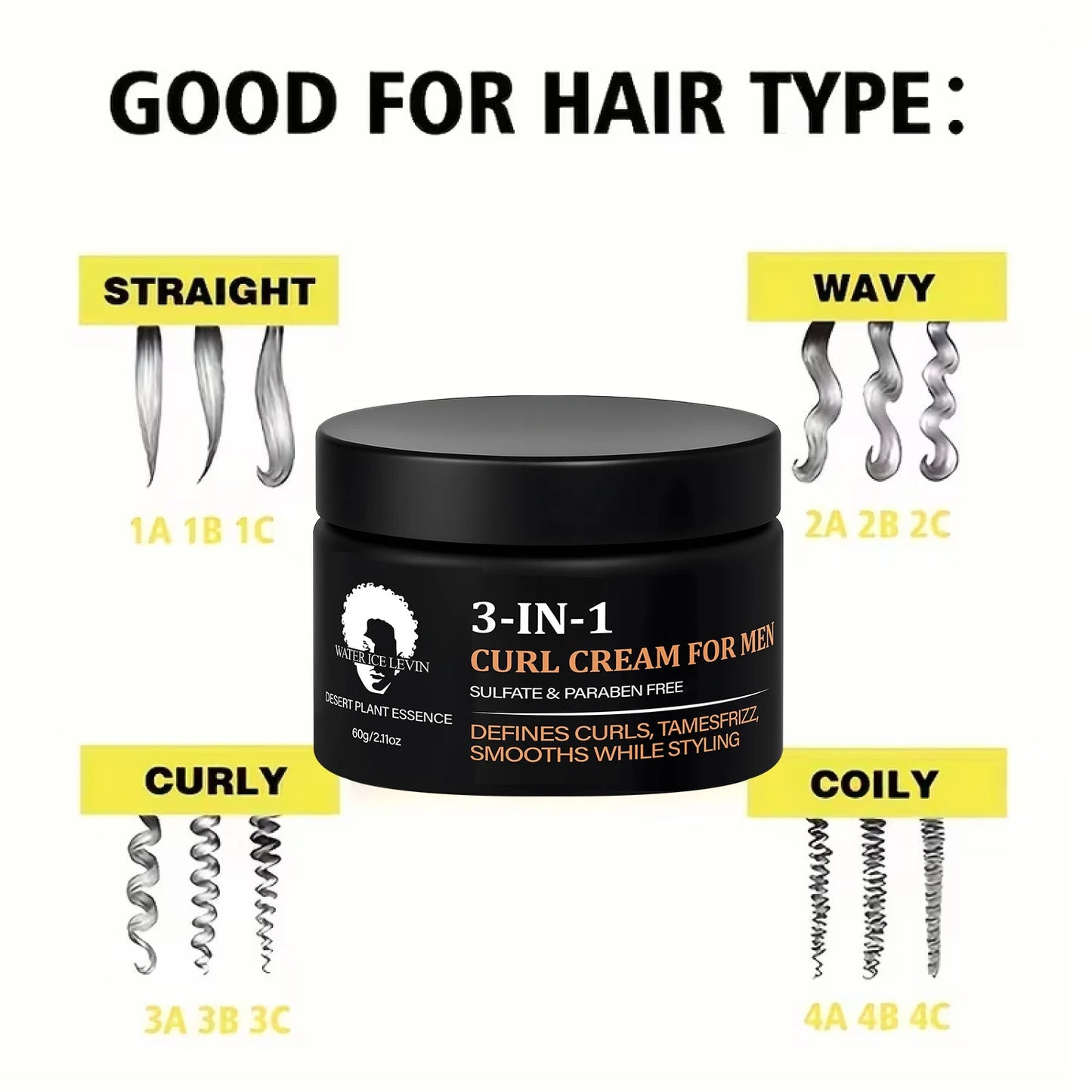 Men's 3-in-1 Curl Cream with Collagen & Coconut Oil - Defines Curls, Tames Frizz, Smooths Styling, Sulfate & Paraben Free 60g