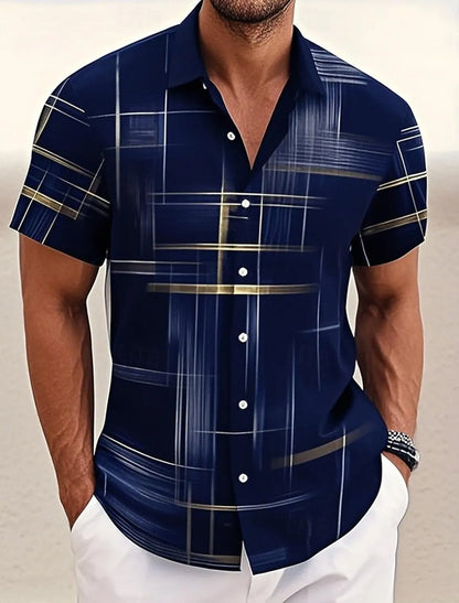Summer Men's Geometric Grid  Plaid Shirts Short SleeveTurndown Hawaiian Shirt Button Up Shirts No Pockets Shirts