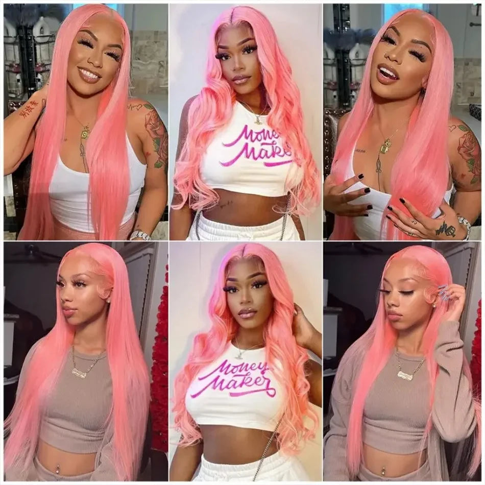 Bone Straight Pink 13x4 13x6 HD Transparent Lace Front Wigs Colored Pink Brazilian Hair Pre Plucked Human Hair Wigs For Women