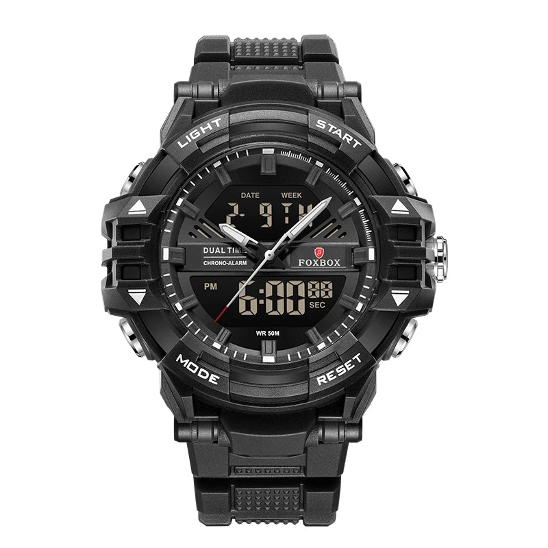 FOXBOX Outdoor Electronic Watch Fashion Casual Sports Silicone Dual Time Displsy Men's Watches 5Bar Waterproof Alarm Chronograph