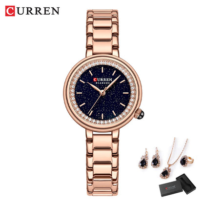 CURREN Luxury Watch Women Ring Necklace Earrings Rhinestone Fashion Wristwatch Female Casual Ladies Watches Bracelet 5PCS Set