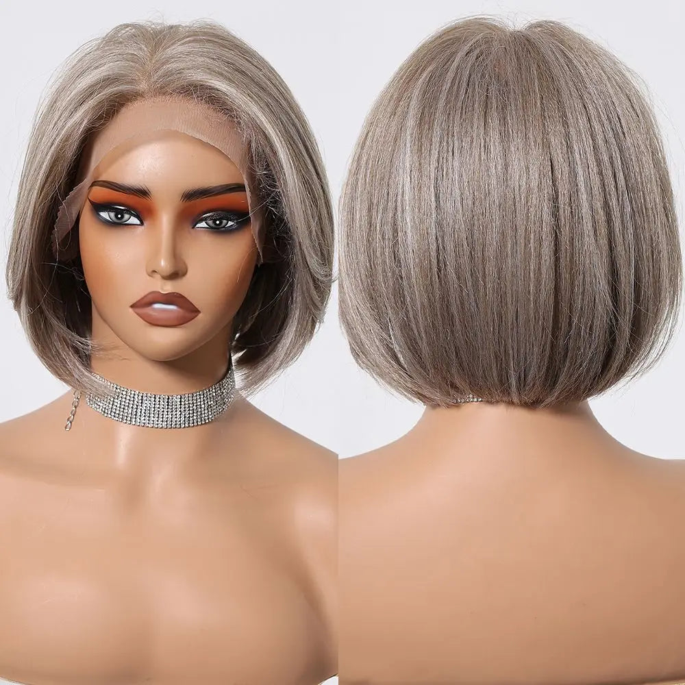HENRY MARGU Gray To Light Blonde Bob Lace Front Wigs Short Straight Daily Synthetic Wig 13*6 Lace Frontal Wig for Women Party