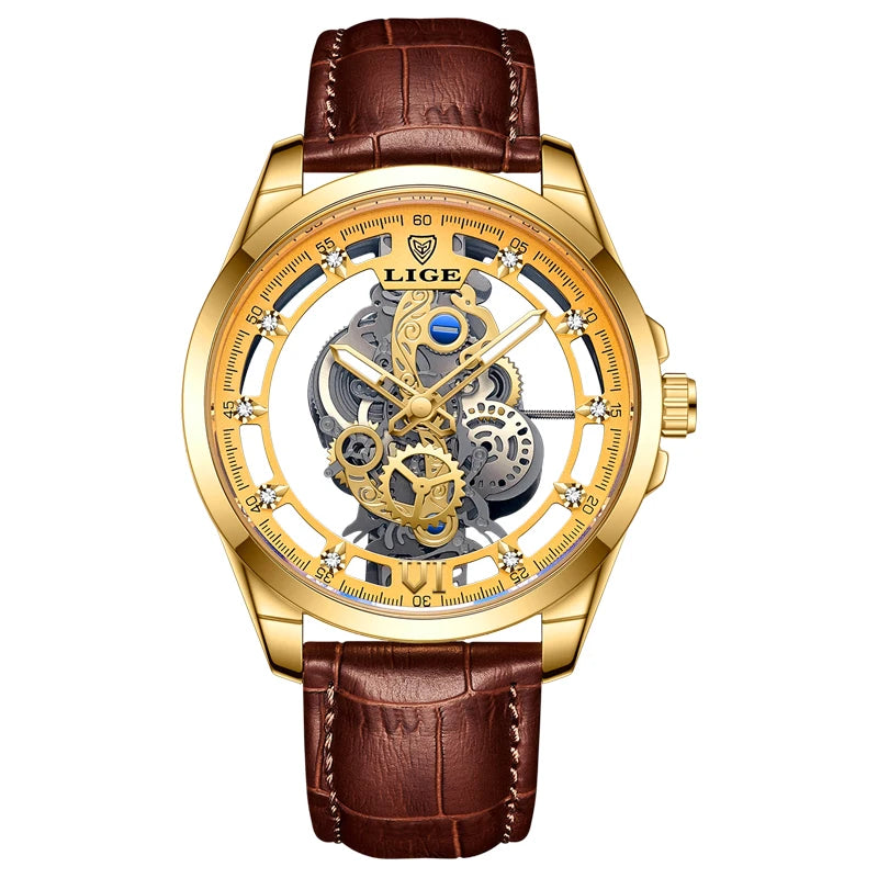 2025 LIGE Men Watch Skeleton Automatic Quartz Watch Gold Skeleton Vintage Man Watch Mens Watches Top Brand Luxury часы мужские