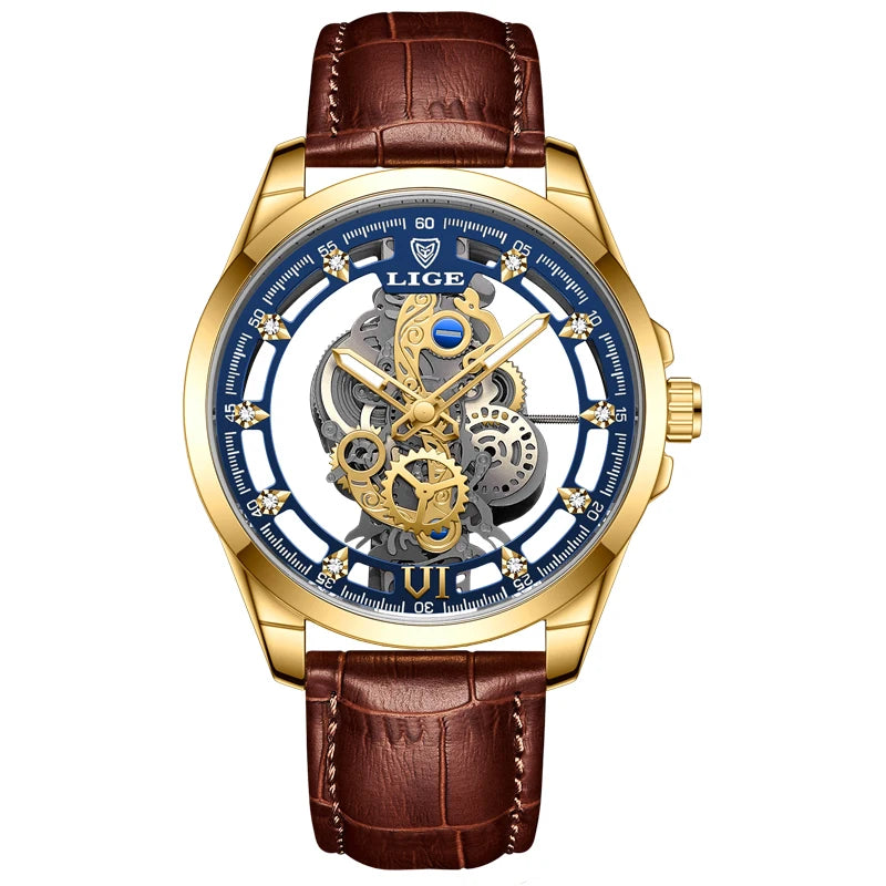 2025 LIGE Men Watch Skeleton Automatic Quartz Watch Gold Skeleton Vintage Man Watch Mens Watches Top Brand Luxury часы мужские