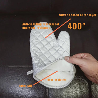 1pair Oven Mitts Kitchen Oven Microwave Gloves High Heat Resistant Long Oven Mitts Anti-scalding Silver Cloth Gloves