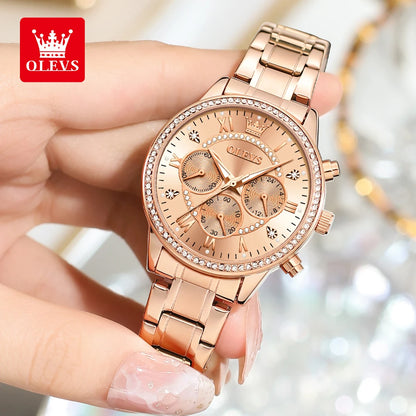 OLEVS TY715 Exlusive Women's Watches Elegant Rose Gold Luxury Steel Strap Chronograph Watch for Women Original Quartz Wristwatch