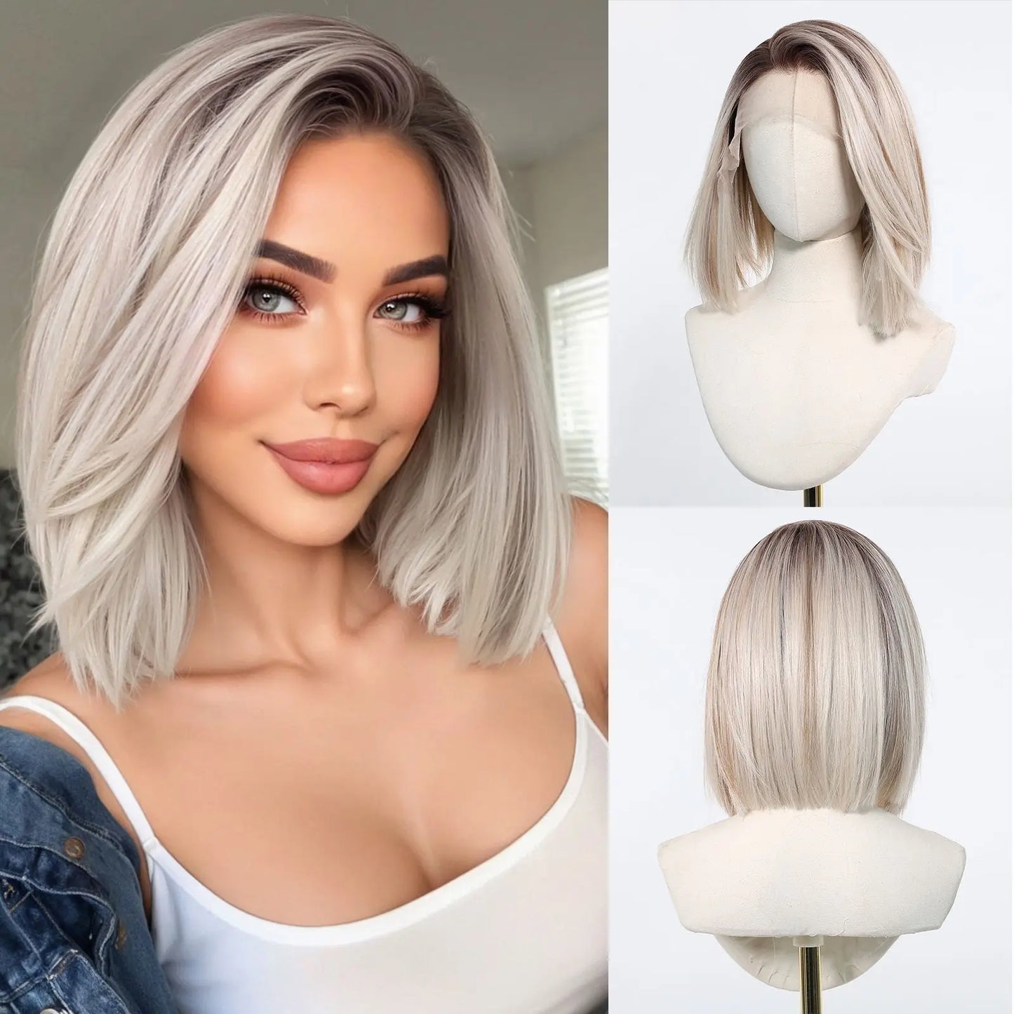HENRY MARGU Gray To Light Blonde Bob Lace Front Wigs Short Straight Daily Synthetic Wig 13*6 Lace Frontal Wig for Women Party