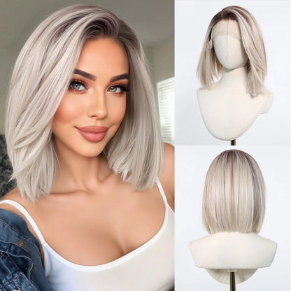 HENRY MARGU Gray To Light Blonde Bob Lace Front Wigs Short Straight Daily Synthetic Wig 13*6 Lace Frontal Wig for Women Party