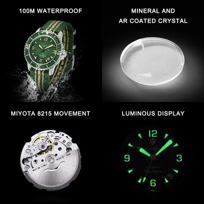 CADISEN Deep Explorer 2026 Green Automatic Mechanical Watch Man Canvas Strap Wristwatch 8215 Luxury Luminous Waterproof Watches