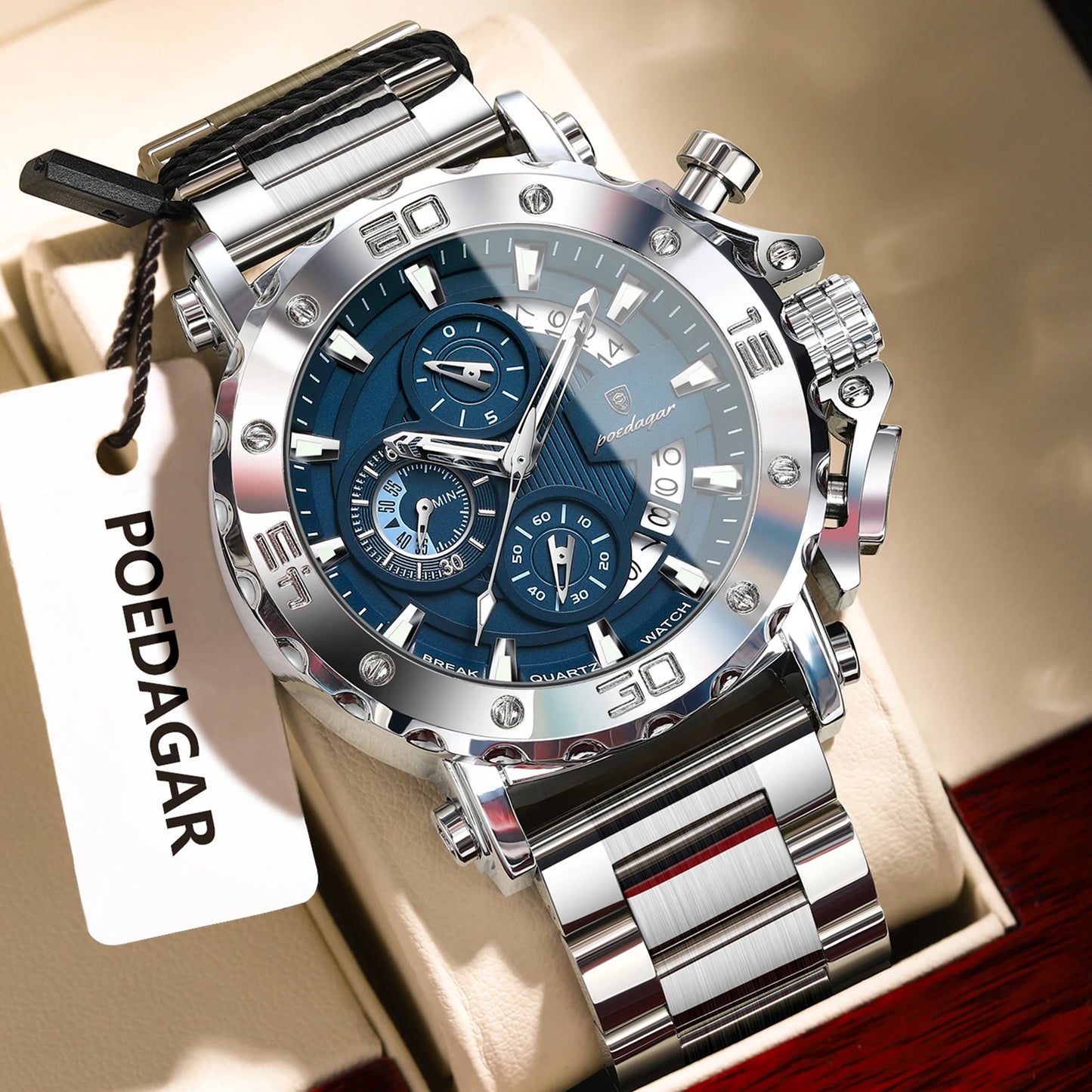 POEDAGAR Luxury Men's Watch Calendar Luminous Waterproof Man Clock Chronograph Stainless Steel Quartz Watches For Men Reloj Gift