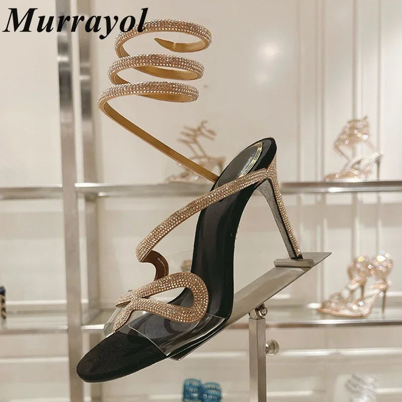 Crystal Decor Snake Shaped Elastic Strap Sandals Women PVC Transparent One Strap Thin Heels Sandalias Summer Dress Shoes Pumps