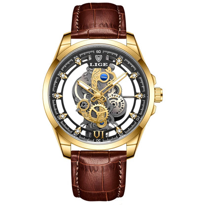 2025 LIGE Men Watch Skeleton Automatic Quartz Watch Gold Skeleton Vintage Man Watch Mens Watches Top Brand Luxury часы мужские