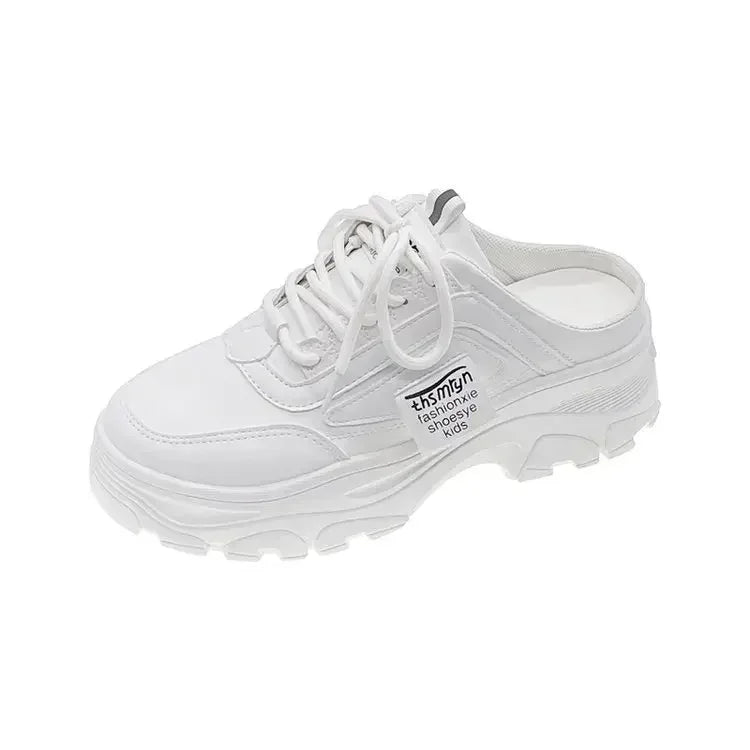Women Half Slippers Pu Leather Flats Female Retro Low Top Sneakers Mesh Breathable Lazy Loafers Walking Outdoor Platform Shoes