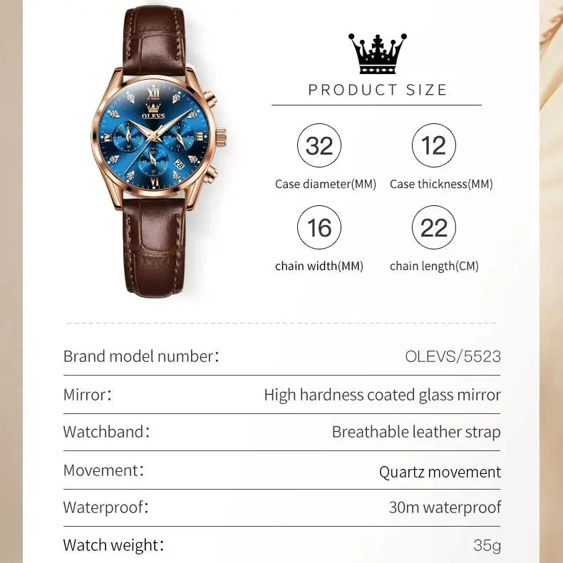 OLEVS Quartz Women's Watch Multifunctional Chronograph Waterproof Luminous Leather Strap Waterproof Luxury Elegant Ladies Watch