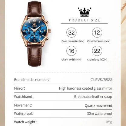 OLEVS Quartz Women's Watch Multifunctional Chronograph Waterproof Luminous Leather Strap Waterproof Luxury Elegant Ladies Watch